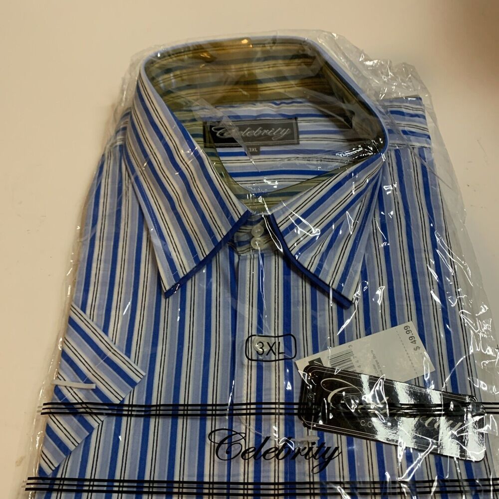 Celebrity Brand Men's 3XL Blue White Pin Stripe Short Sleeve Button Shirt NEW